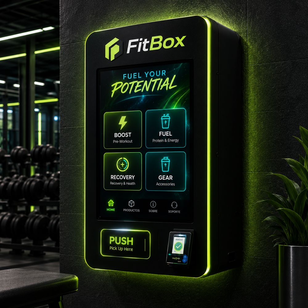 FitBox instalada en un gimnasio, con categorías Boost, Fuel, Recovery y Gear y acento verde lima