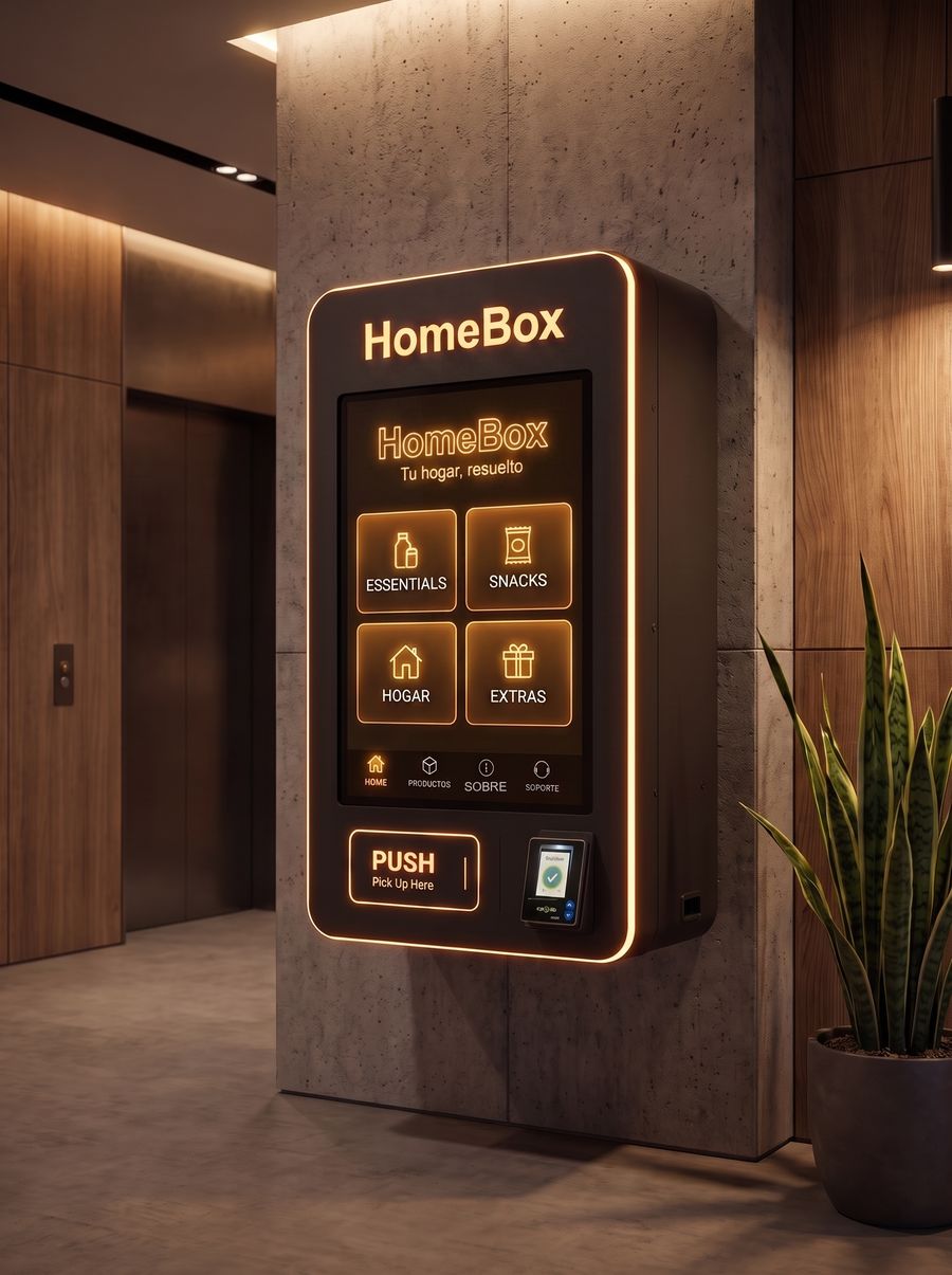 HomeBox instalada en el lobby de un edificio residencial, con luz ámbar cálida