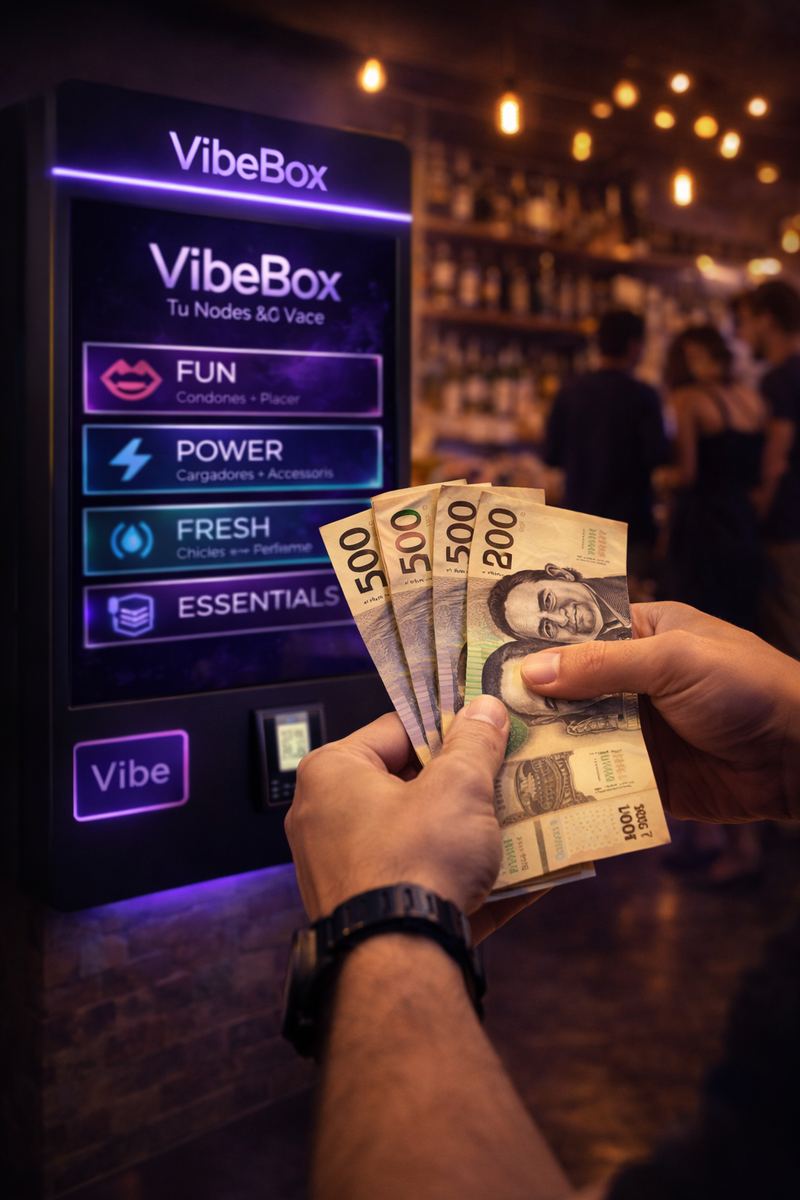 Manos contando billetes frente a una VibeBox en un bar