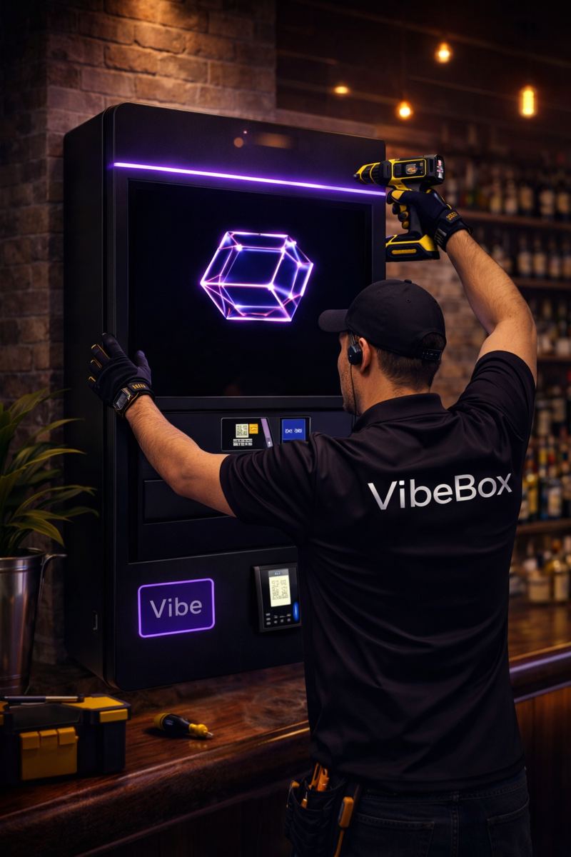 Técnico de VibeBox instalando la máquina en la pared de un bar
