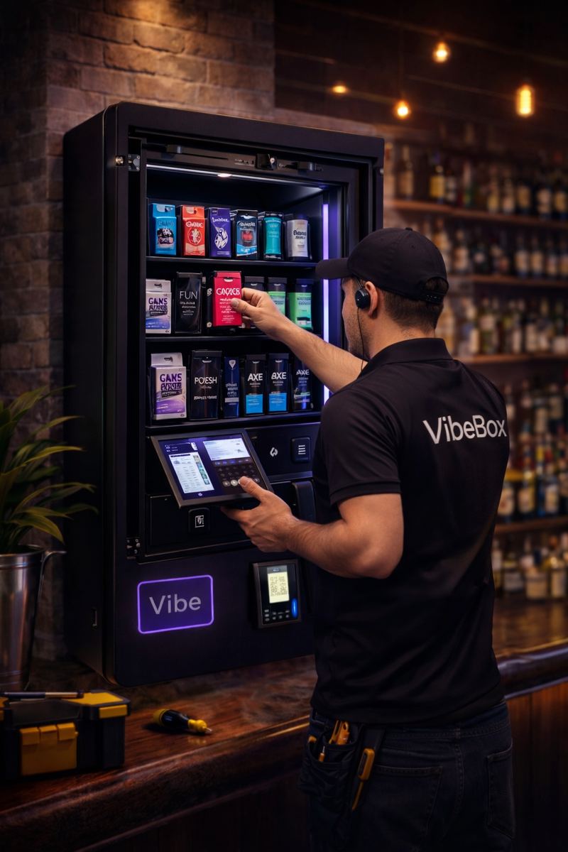Técnico de VibeBox surtiendo los productos de la máquina