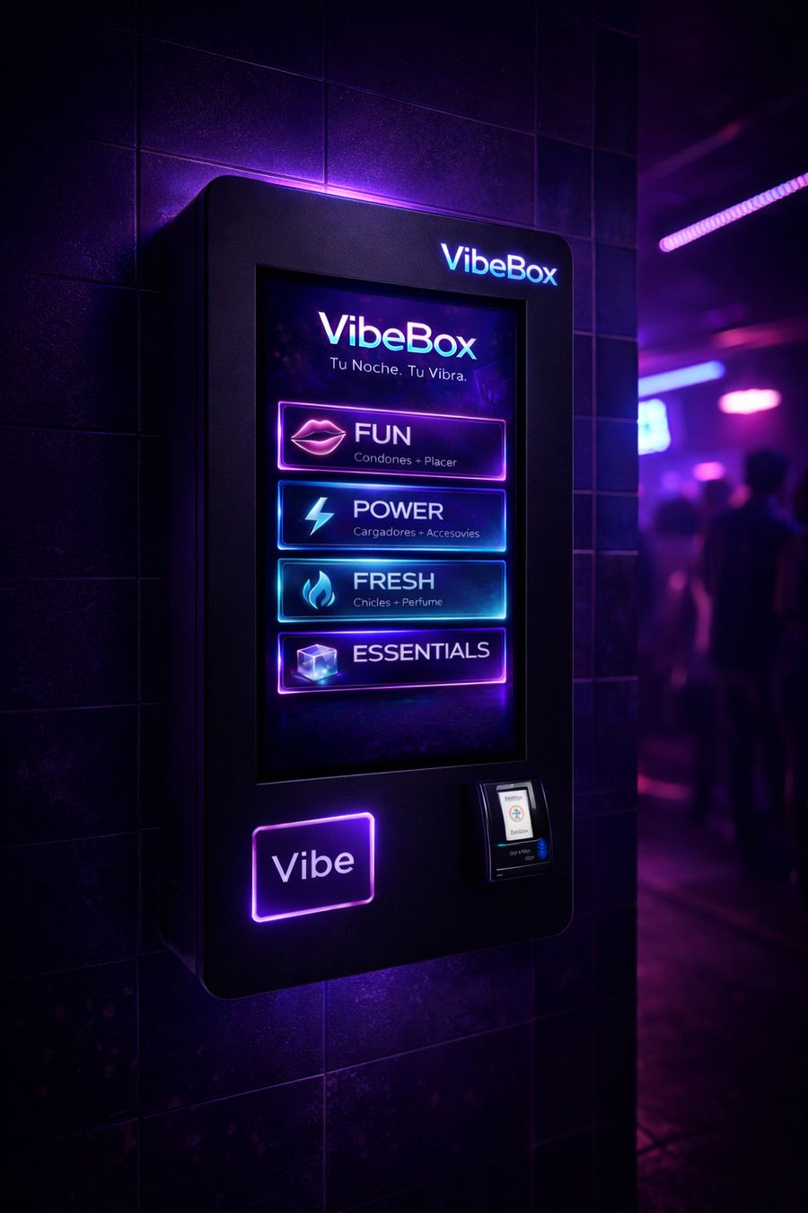 VibeBox instalada en el pasillo de un antro, con pantalla táctil y luz neón morada